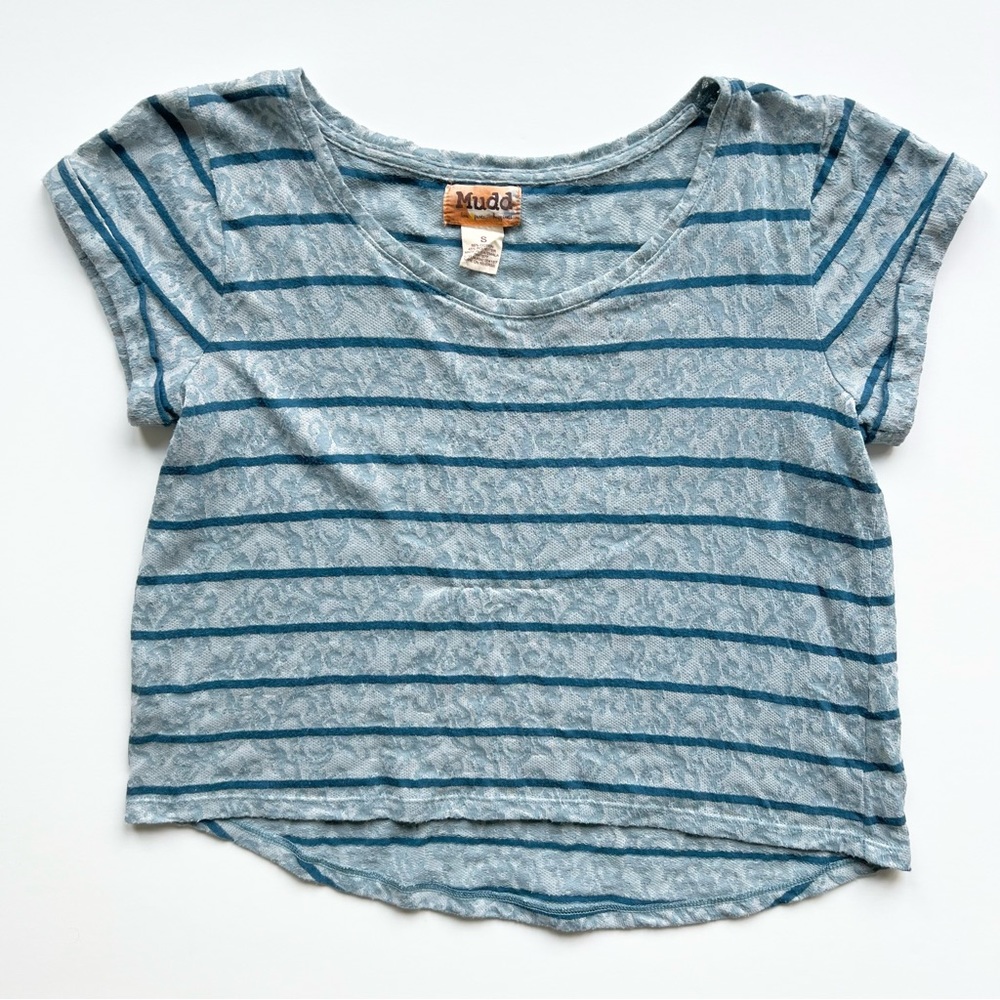 Mudd Blue Damask Striped Lacy Cropped T-Shirt, Small